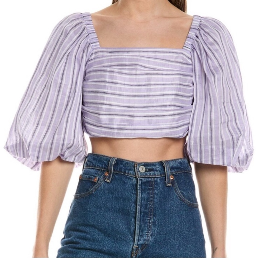 Sandro Lilac Striped Puff Sleeve Crop Top size large (3) puff sleeves NEW